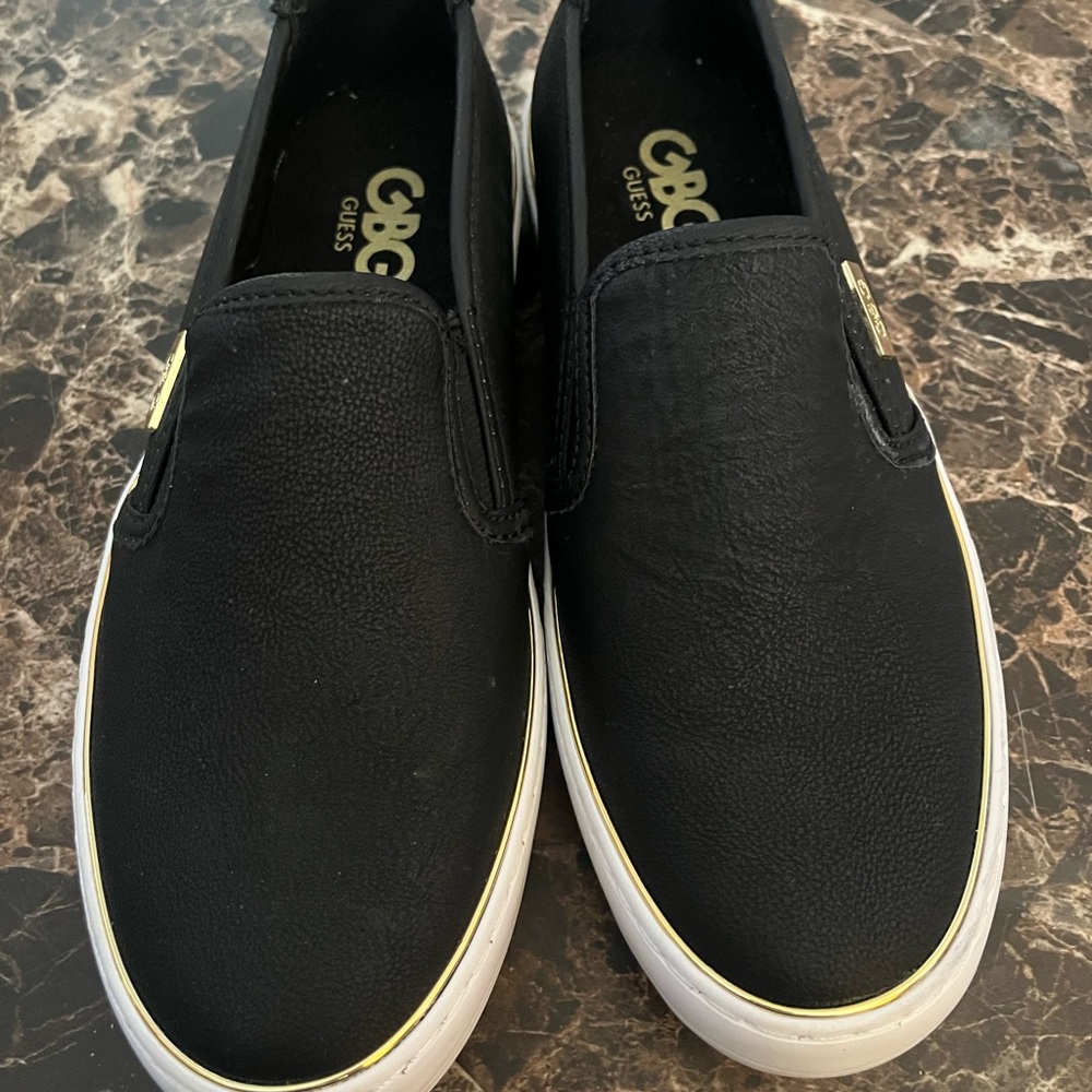 Guess Women's Black and Gold Slip-On Loafers